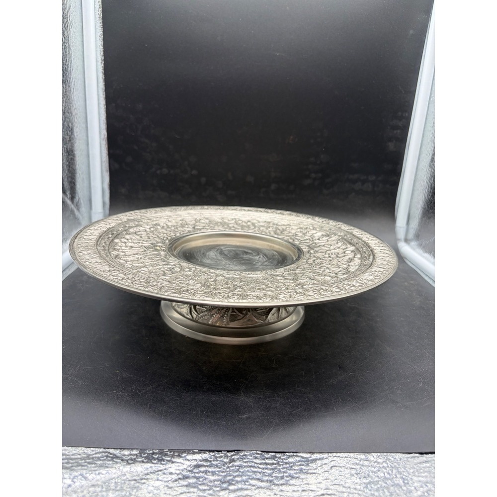 Vintage Ornate Pewter Pedestal Cake Stand Repousse Elephant Floral Design 11in